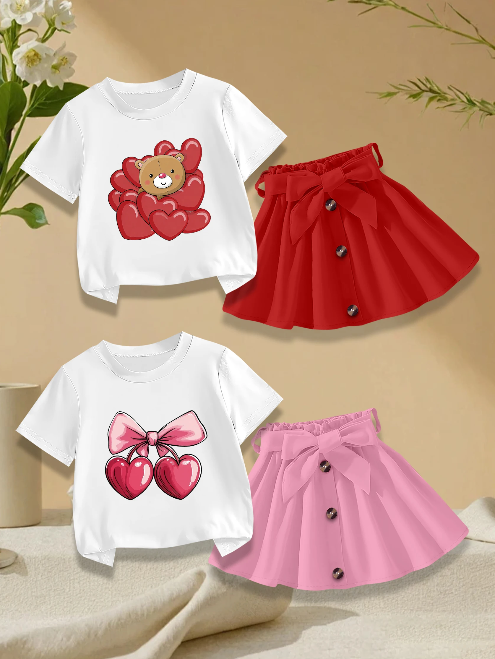 4 pieces: Valentine's Day Girls' Summer Sweet Cute T-shirt & Skirt Set - Cartoon Heart, Bear & Cherry Print
