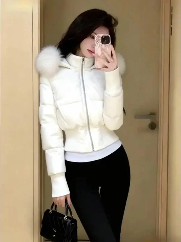 

White Hooded Jaet with Fur Collar Women's ort Cotton Blend Versatile High-End Feel Autumn Winter New Sle Commute Korean...