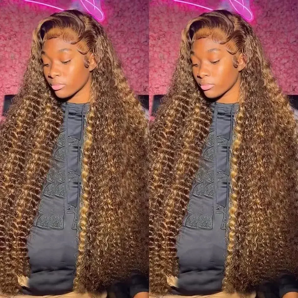 Curly Highlight 13x4 HD Lace Front Human Hair Wig Brazilian P4/27 Color Deep Wave Lace Frontal Wig For Women 30 32 Inches Water