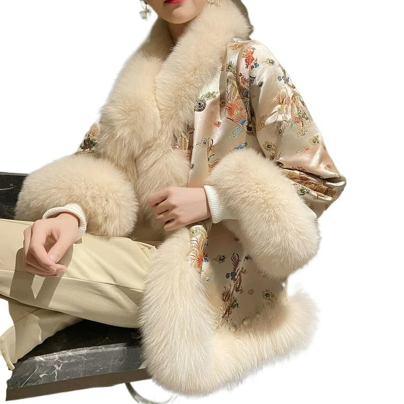 

Новая женская шуба с лисьим мехом в китайском стиле, атласная накидка Тан средней длины с бисером