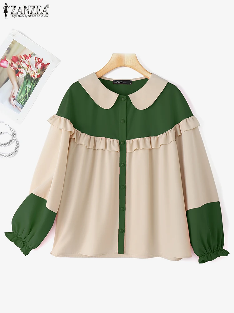 

ZANZEA 2025 Summer Women Sweety Blouse Fashion Ruffled Stitching Tops Holiday Doll Collar Korean Tunics Long Sleeve Tunics Femme