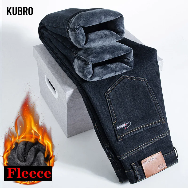 Wysokiej jakości męskie dżinsy polarowe Business Casual Slim Straight Denim Trousers Autumn Winter New Plus Size Thickened Warm Men Pants