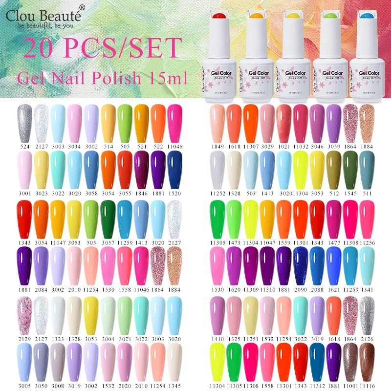 

Clou Beaute 20pcs Gel Nail Polish Set Macaron Color Red Purple Neon Nude Pink Full Set Gel Polish UV LED Nail Gel Varnish Kit