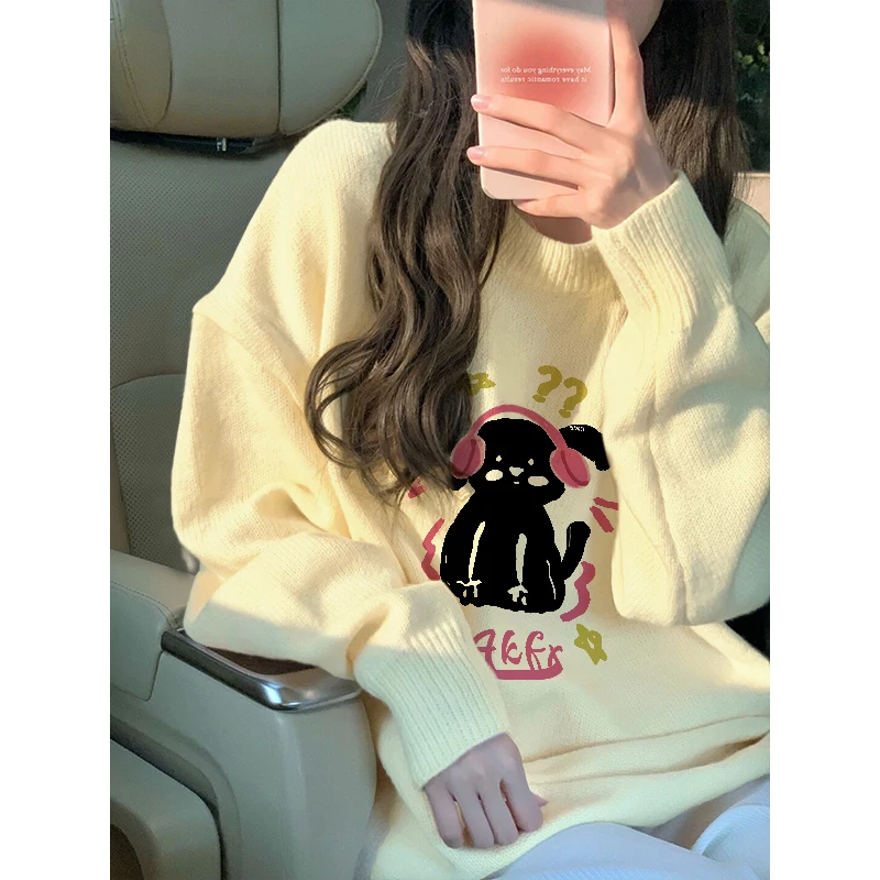 New Arrival Trend Sweater Casual Female Autumn Winter Woman M-2XL Loose Chic Wool Bottoming O-neck Printed Puppy Pullover