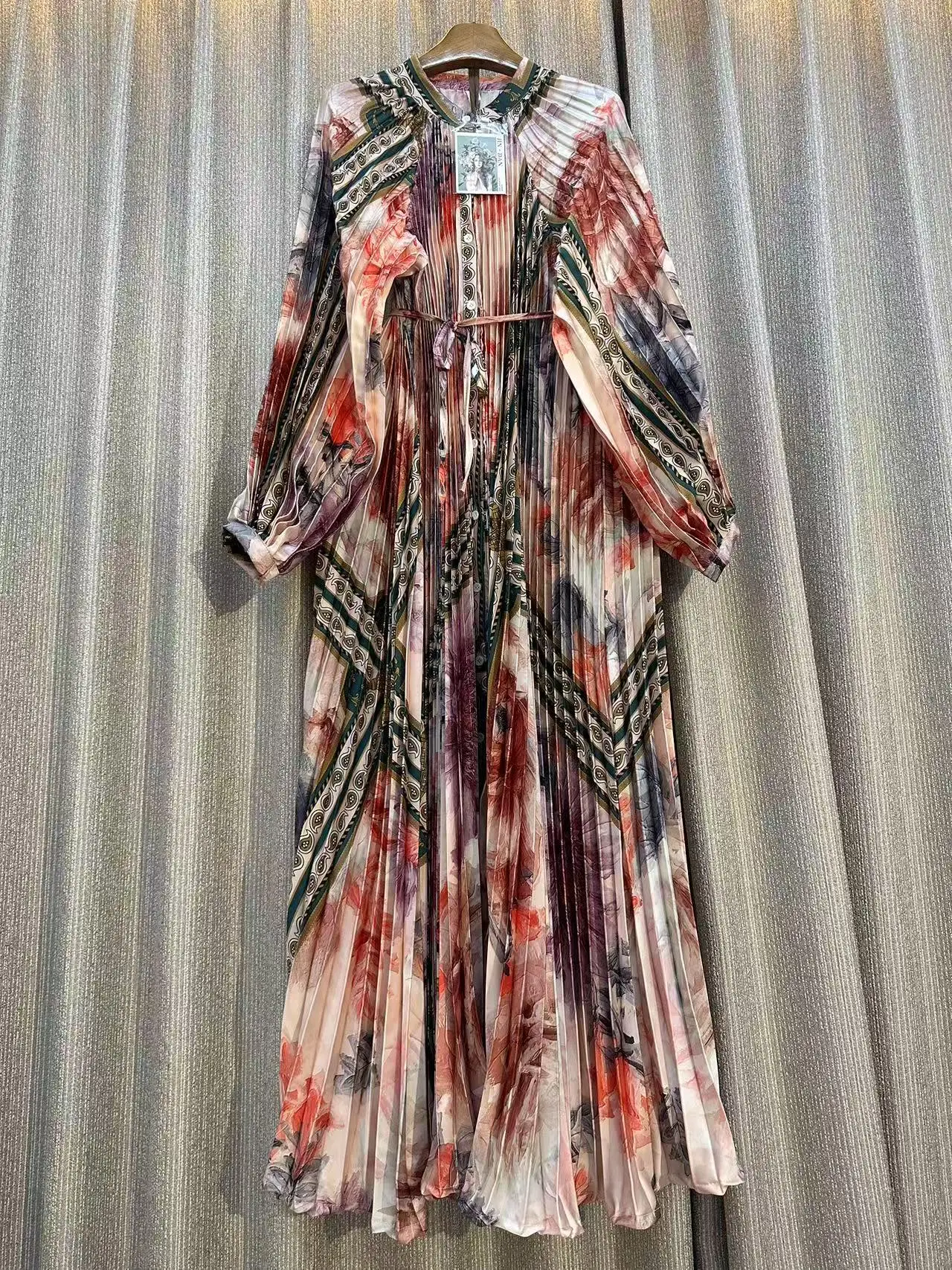 New Bohemian Summer French Print Pleated Maxi Dress Female Elegante Lantern Sleeve Loose A-line Dresses For Woman Party Clothing