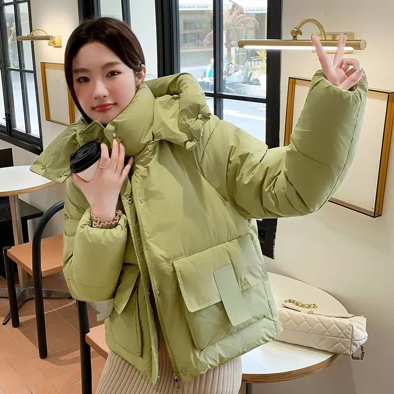 2025 inverno chique com capuz para baixo algodão puffer parka casacos feminino solto sólido engrossar jaqueta quente feminina nova moda zíperes outwear