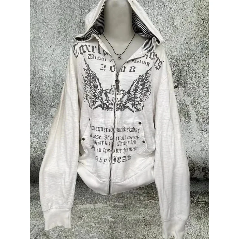 

Grunge 2024 Print Slim Waist Y2k Hoodies Hooded Zip up Sweatshirts Vintage Women Clothing Long Sleeve Tops Casual Fashion