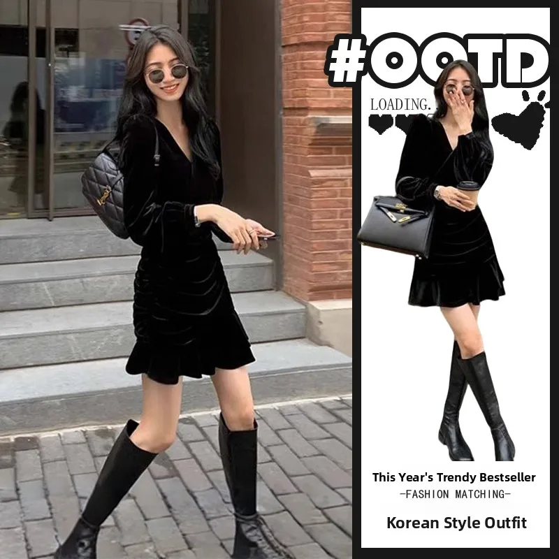 

plus Size Women's Black V-Neck Hepburn Style Slimming Waist Fish Tail Velvet Dress Autumn Winter High Waist Commute Style Lon...