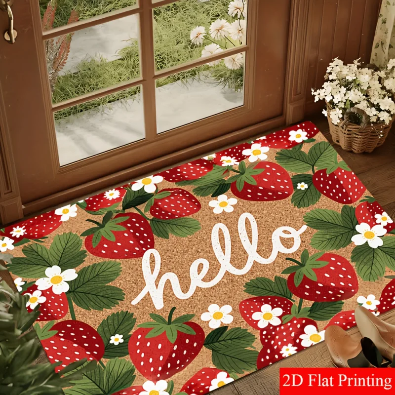 VIKAMA Hello Strawberry Doormat Cute Daisy Floral Non Slip Front Entrance Mat Farmhouse Indoor Decor Rug