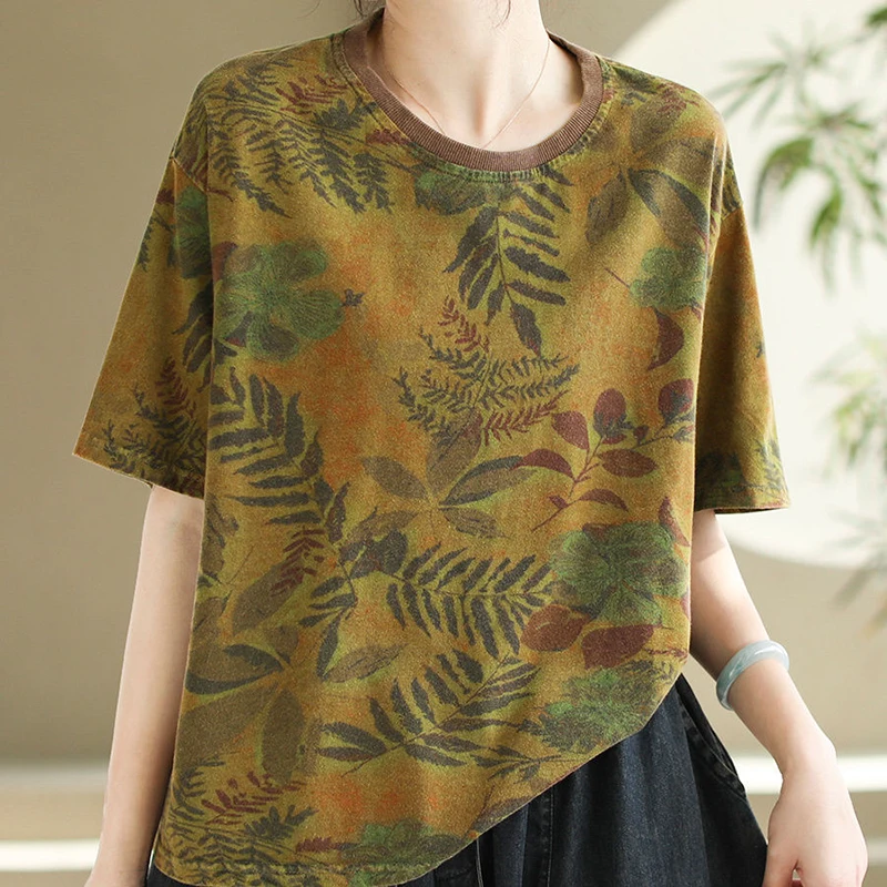 

Fashion O-Neck Short Sleeve Printed Vintage Blouses Women's Clothing 2025 Summer New Loose Casual Pullovers Tops Commuter Shirt