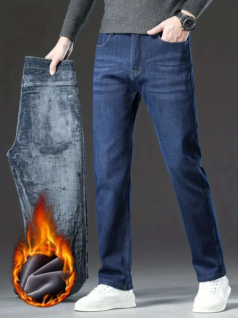 

2025 зимние новые мужские флисовые теплые джинсы в классическом стиле, деловые повседневные утепленные эластичные джинсовые брюки стандартной посадки, мужские брендовые брюки
