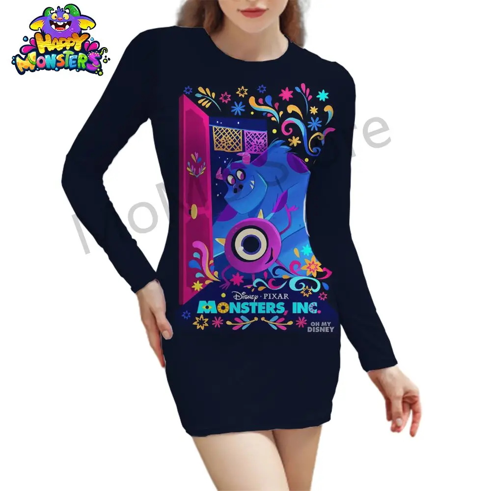 Sexy Women's Long Sleeve Hip Dress Disney Monsters Inc. Streetwear O Neck Lovely Y2k Youthful Woman Clothes 3D Print 2024 S-2XL