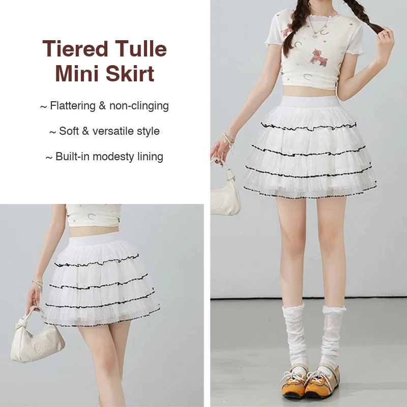 Women Elastic Waist Tiered Tulle Mini Skirt White Black Ruffle Trim Cake Puff Skirt with Lining Cute Coquette Y2K Balletcore A-l