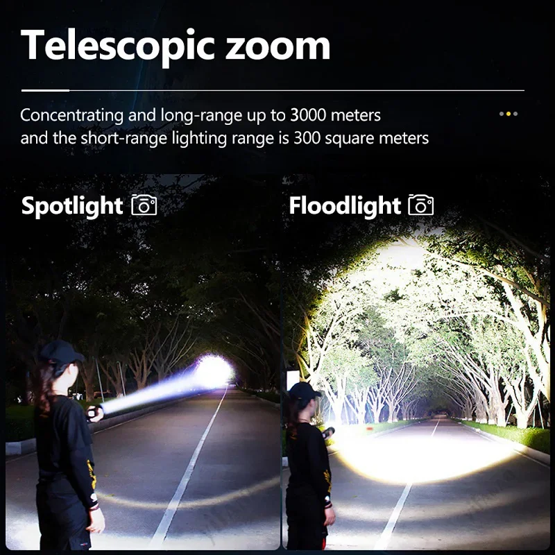 2024 Newest Shot Long 3000M White LED Flashlight Tactical Torch Outdoor Lighting Waterpoof Climbing Camping COB Zoomable Light