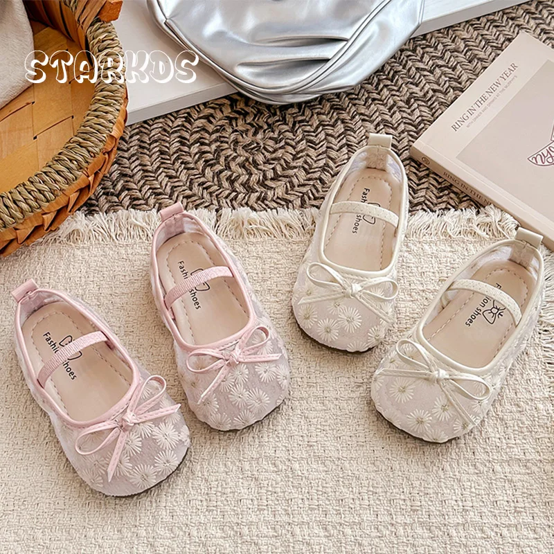 

Pink White Daisy Flower Embroidery Lace Ballet Flats Baby Girl Floral Mesh Ballerinas Shoes Kid Cute Wedding Party Dress Shoes
