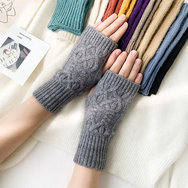 

Winter Warm Soft Knitted Gloves Women Half Finger Wool Glove Twisted Cuff Gloves Hand Warmer Unisex Fingerless Guantes Mittens