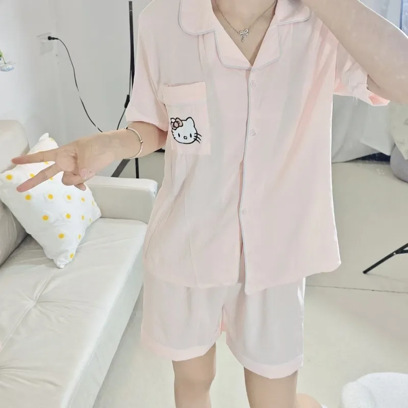 Olá kitty pijamas verão novo terno de manga curta rosa olá kitty dos desenhos animados pijamas bonito sanrio doce loungewear