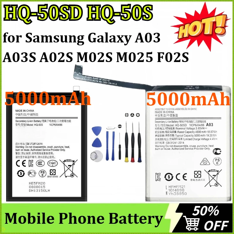 

3.85V 5000mAh HQ-50SD HQ-50S Mobile Phone Battery for Samsung Galaxy A03 A03S A02S M02S M025 F02S Rechargeable Battery + Tools