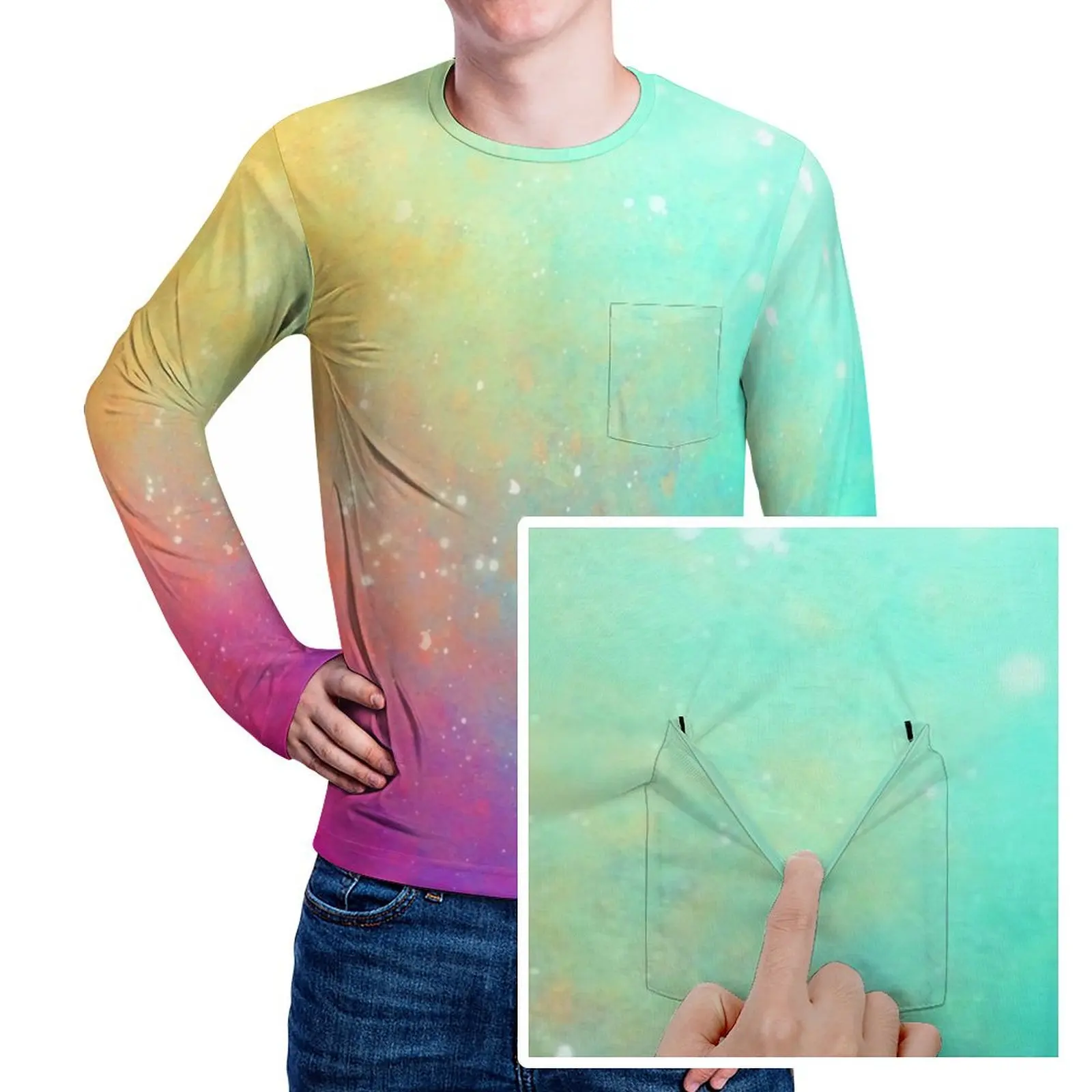 Colorful Galaxy Sky T Shirt With Pocket Rainbow Print Cool T-Shirts Men Fun Tee Shirt Long Sleeve Custom Top Tees Large Size 5XL