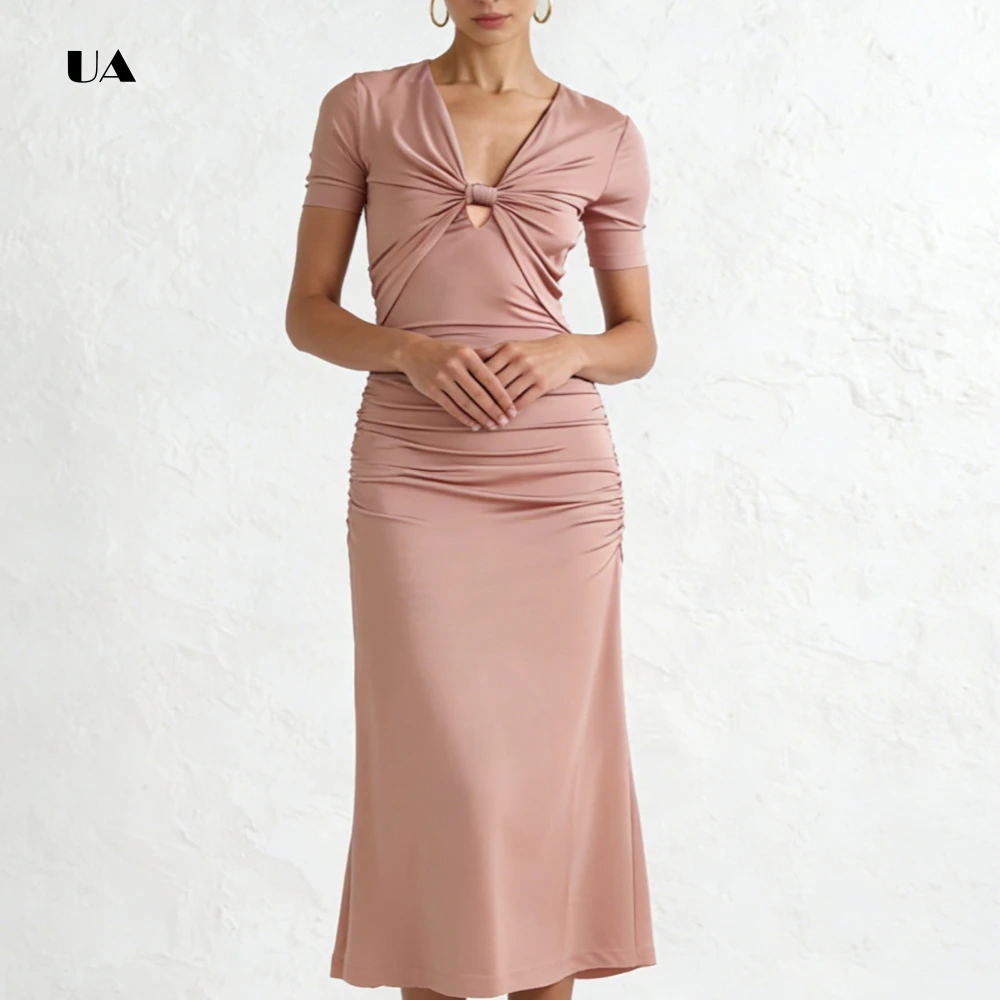 ULBYANRY Kurzarm-Abschlussballkleid mit Ausschnitt, V-Ausschnitt, solide, gerüschte Abendkleider für Frauen, einfaches Etuikleid, individuelles Partykleid