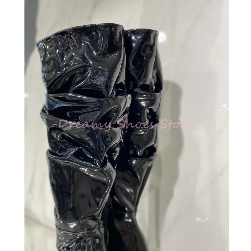 Black Leather Rhinestone Pointed Knee High Boots Women Crystal Metal Decor Slip On Boots Luxury Fashion Trendy Ladies Footwear