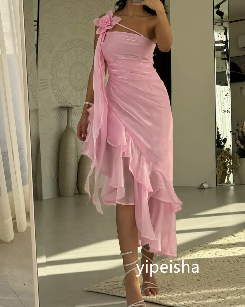 Sparkle Organza Pleat Ruched A-line One-shoulder Midi Dresses Prom Dresses Classic Exquisite Modern Style Pastrol  Chinese Style