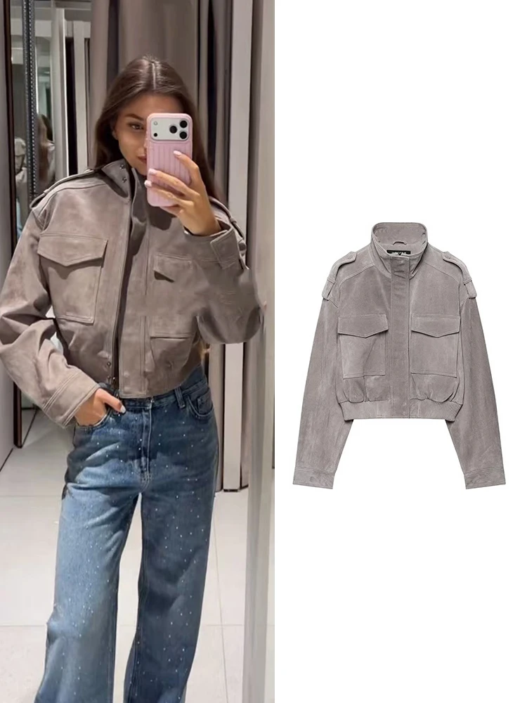TFMLN Casual Women's Stand Collar Coat Long Sleeve Pockets Decor Zippers Loose Short Jackets New Autumn Winter Street Tops