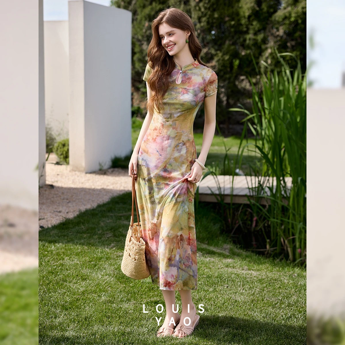 LOUISYAO Women Tie Dye Hollow Out Dress Set Summer 2026 Slip Dress Elegant Atmospheric 2 Piece Co-ord Matching Outfit