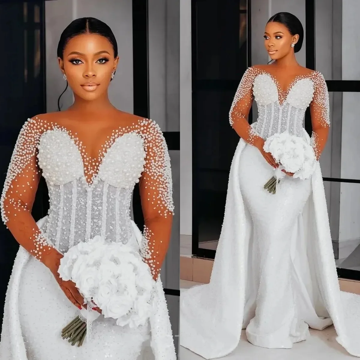 

Shiny Pearls Mermaid Bridal Gowns Off Shoulder Long Sleeve Wedding Dresses Sequins Vestidos De Novia Customized