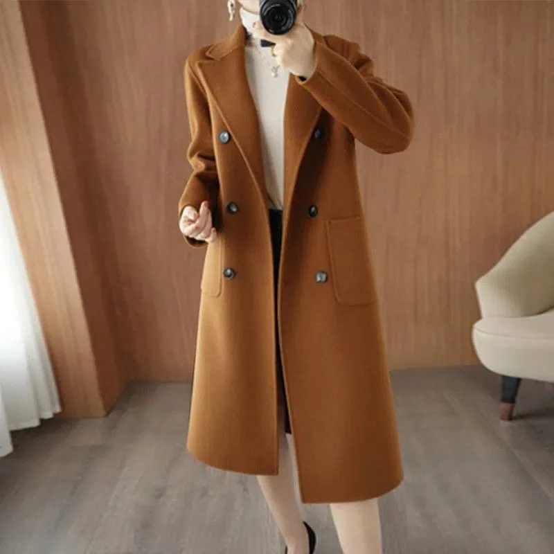 Ropa de abrigo elegante y ajustada para otoño e invierno, abrigo de lana de longitud media de poliéster de alta gama de talla grande para mujer