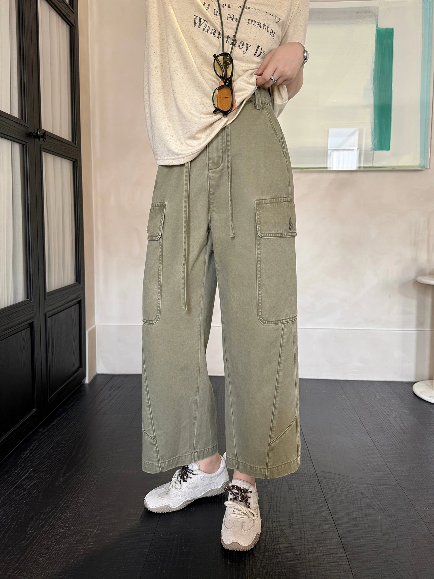 

Брюки прямого кроя больших размеров для полных женщин, повседневные, в стиле рабочей одежды, с высокой талией, летние, винтажные, свободного кроя, укороченные (7/8)