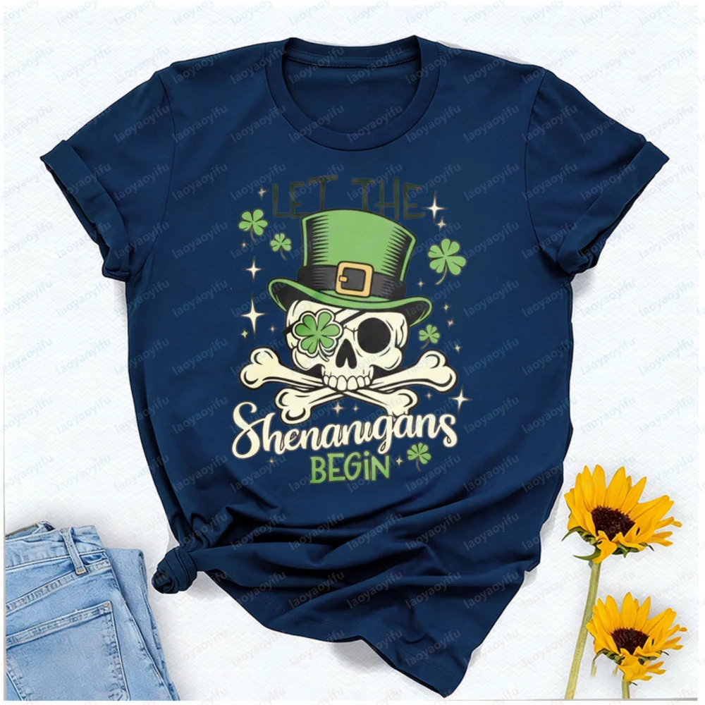Casual Style Women's T-Shirt St Patrick's Day Skull and Shamrock Design for Spring Festivals Gift for Friends and Family Tops