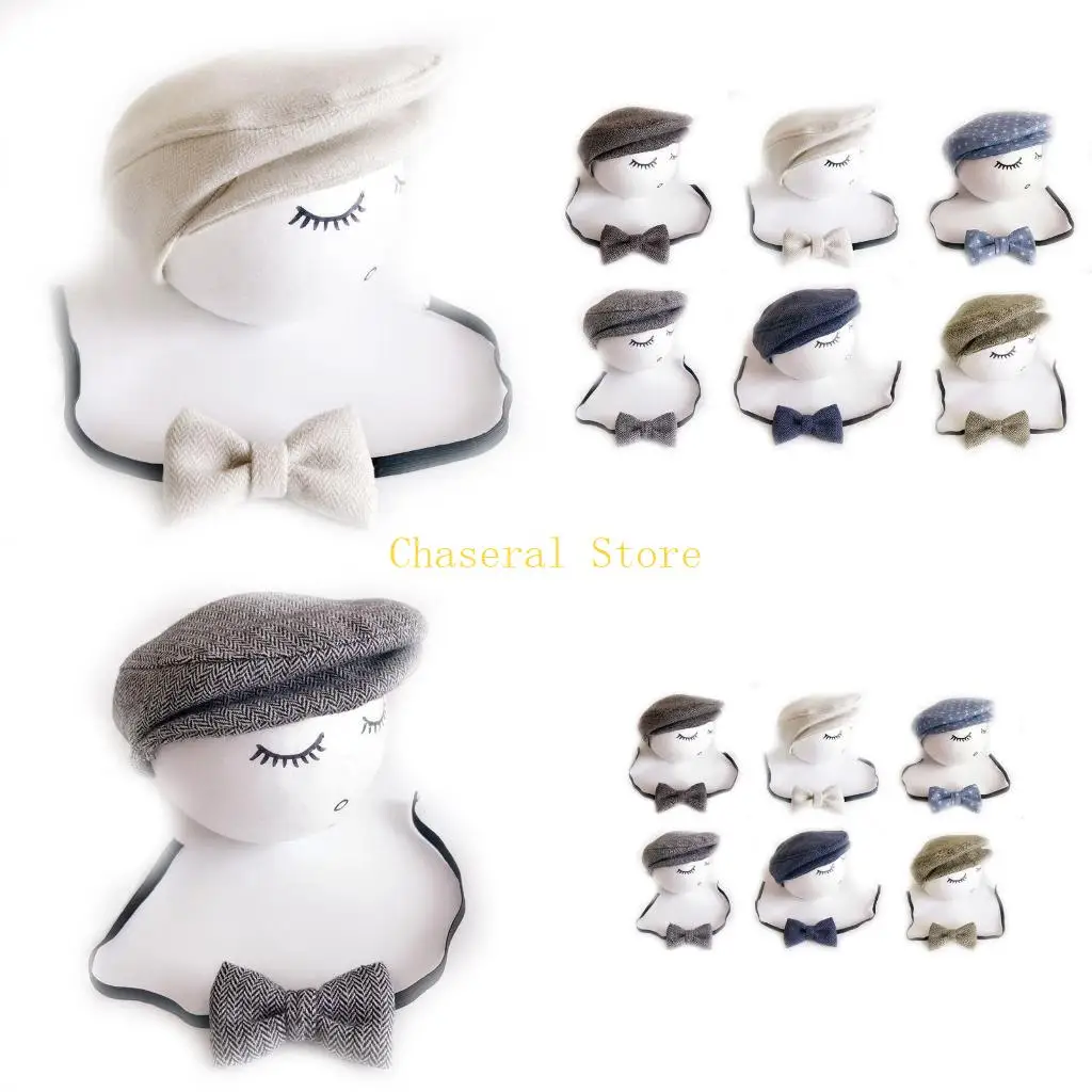 E7CE Baby Newborn Peaked Bow Tie Newborn Baby Boy Beanie Cap Photography Props Outfit Cotton Hat Gatsby Hat Hat