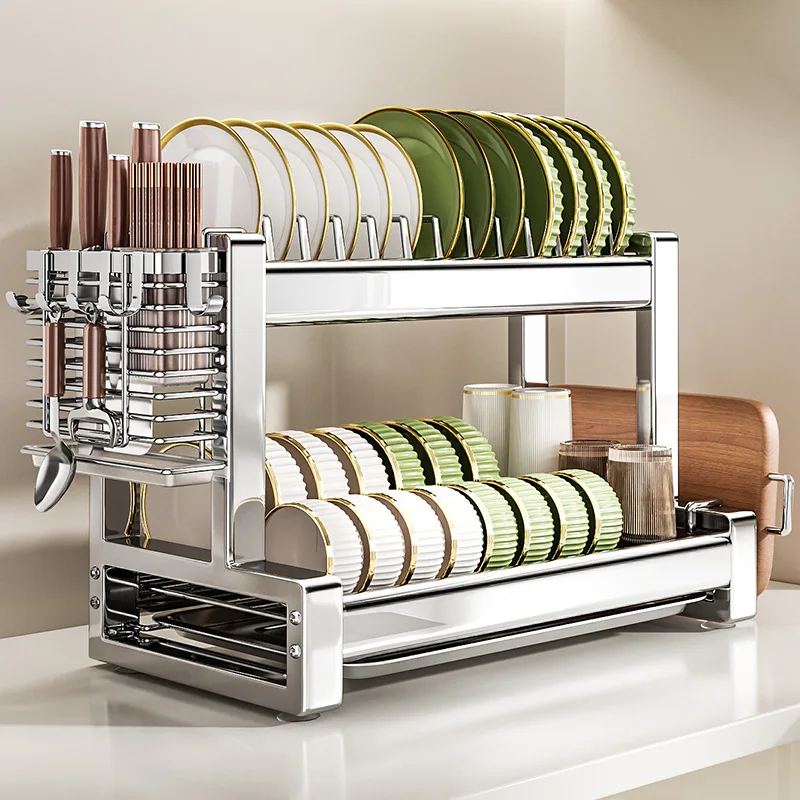 

Kitchen Countertop Dish Rack Stainless Steel Multi-Level Dish Storage Shelf Storage Rack - Multi-Functional Draining Functio