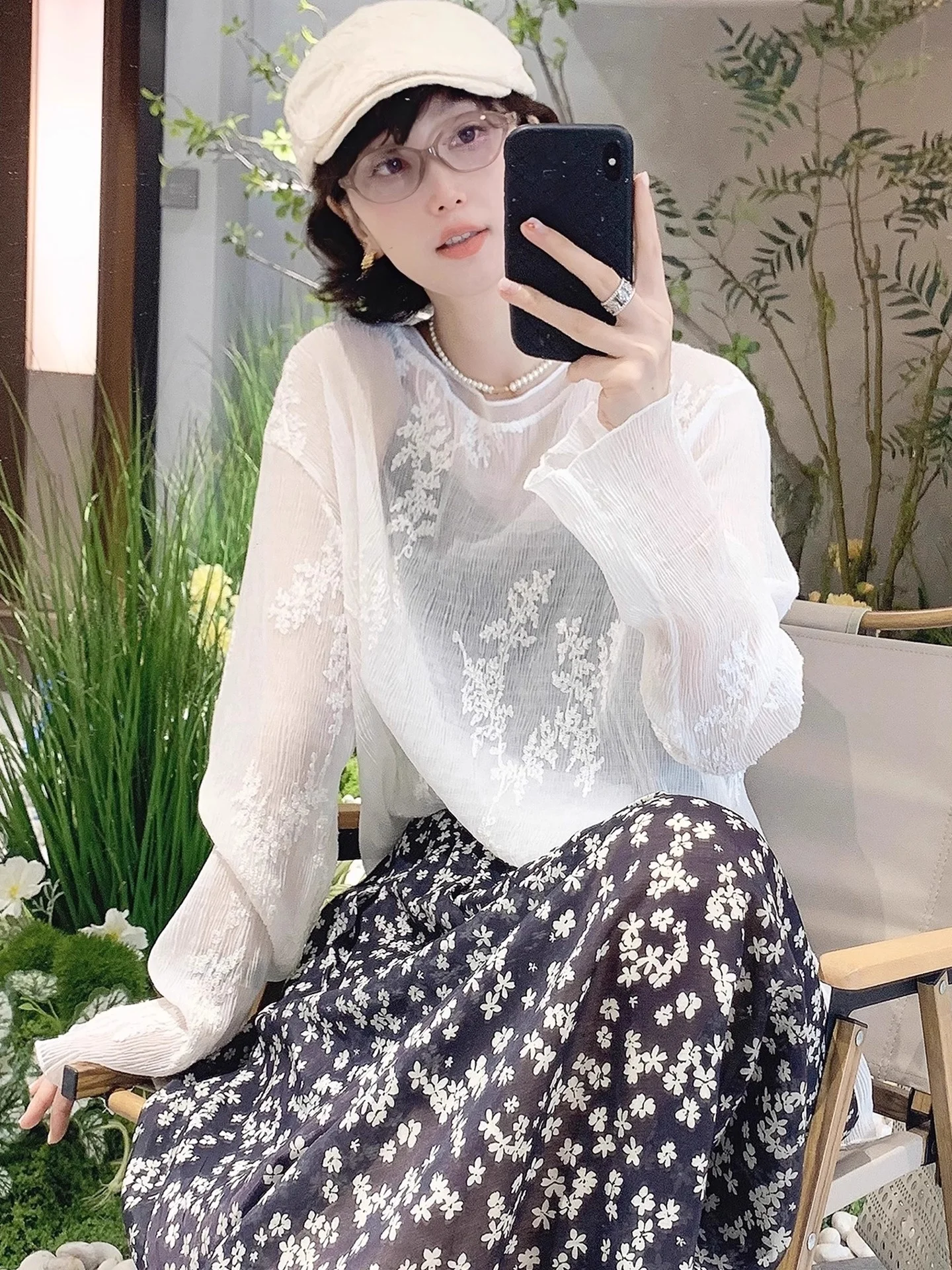 

Ele Long Sve Embroidered Cover up Top Summer 2025 Slimming Overhead Sun Protection T-irt Korean Sle Straight Cut Silk