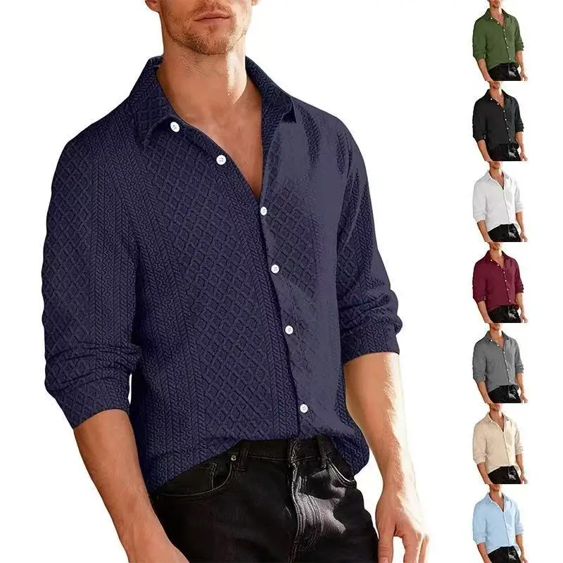 New Jacquard Long Sleeve Button Cardigan Jacket Men's Solid Color Casual Sports Loose Men's Shirt