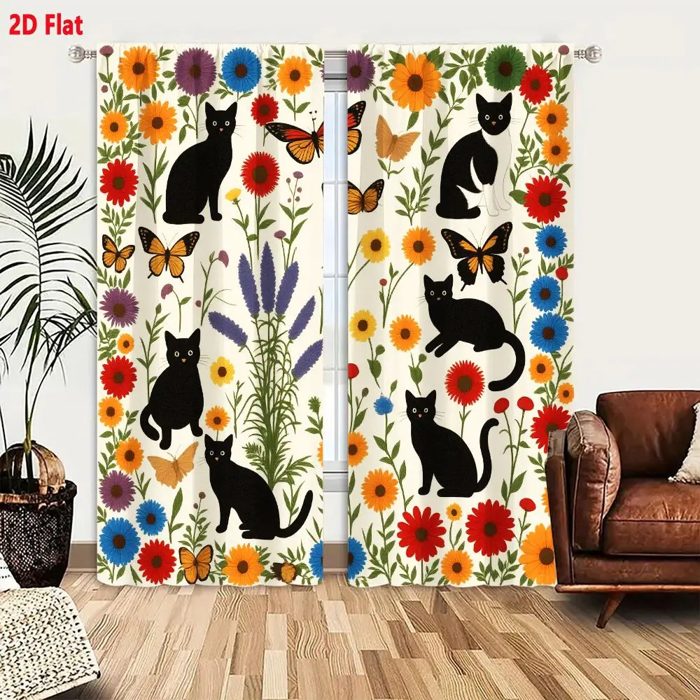 2Pcs Curtains 2D Flat Whimsical Floral Folk Art Illustration With Black Cats White Markings Colorful Butterflies Vibrant Flowers