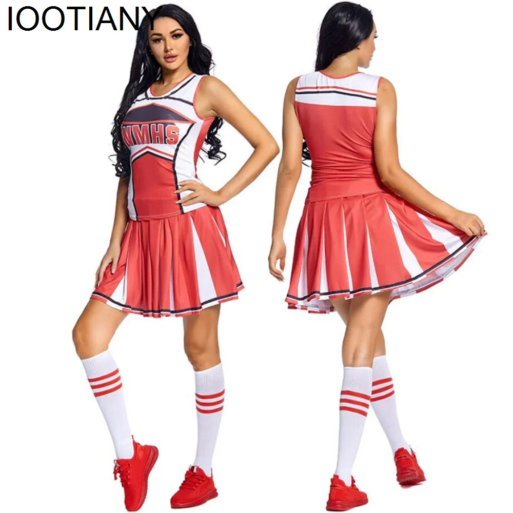 КосплейНовая женская школьная форма, сексуальная форма черлидинга, женский костюм черлидера, косплей, мини-плиссированная юбка + укороченный топ + помпоны + носок