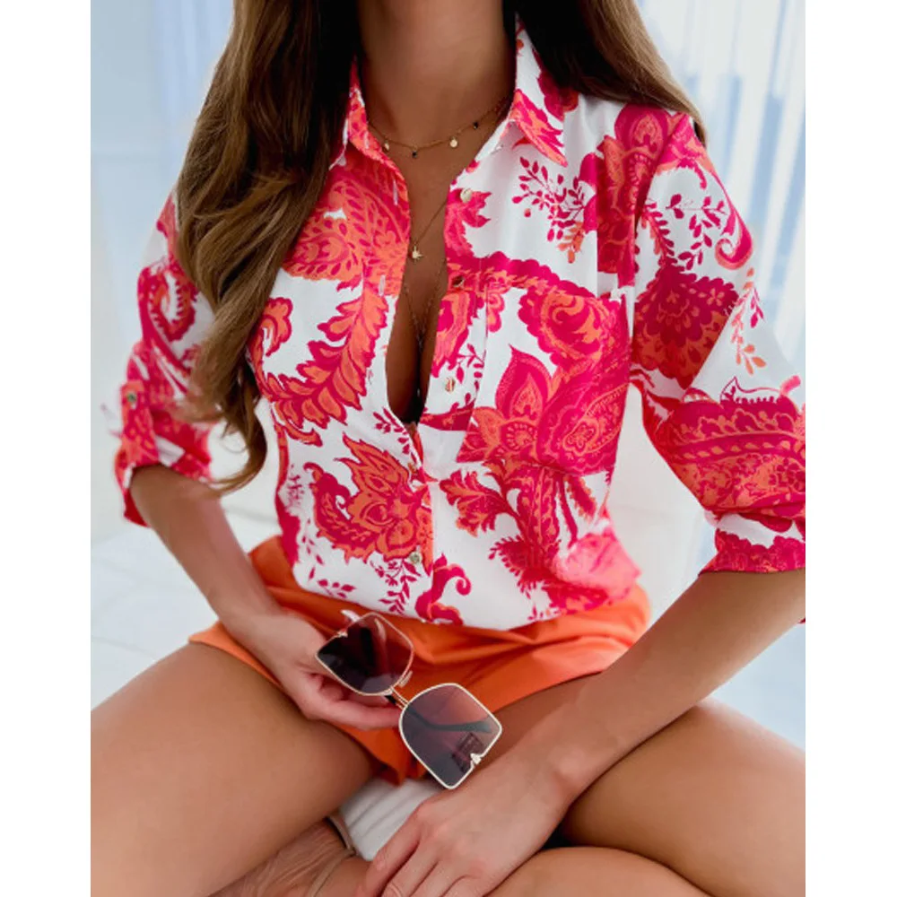 Camicie con bottoni stampate moda donna primavera e autunno camicetta francese Casual con tasche a maniche lunghe con risvolto da donna elegante