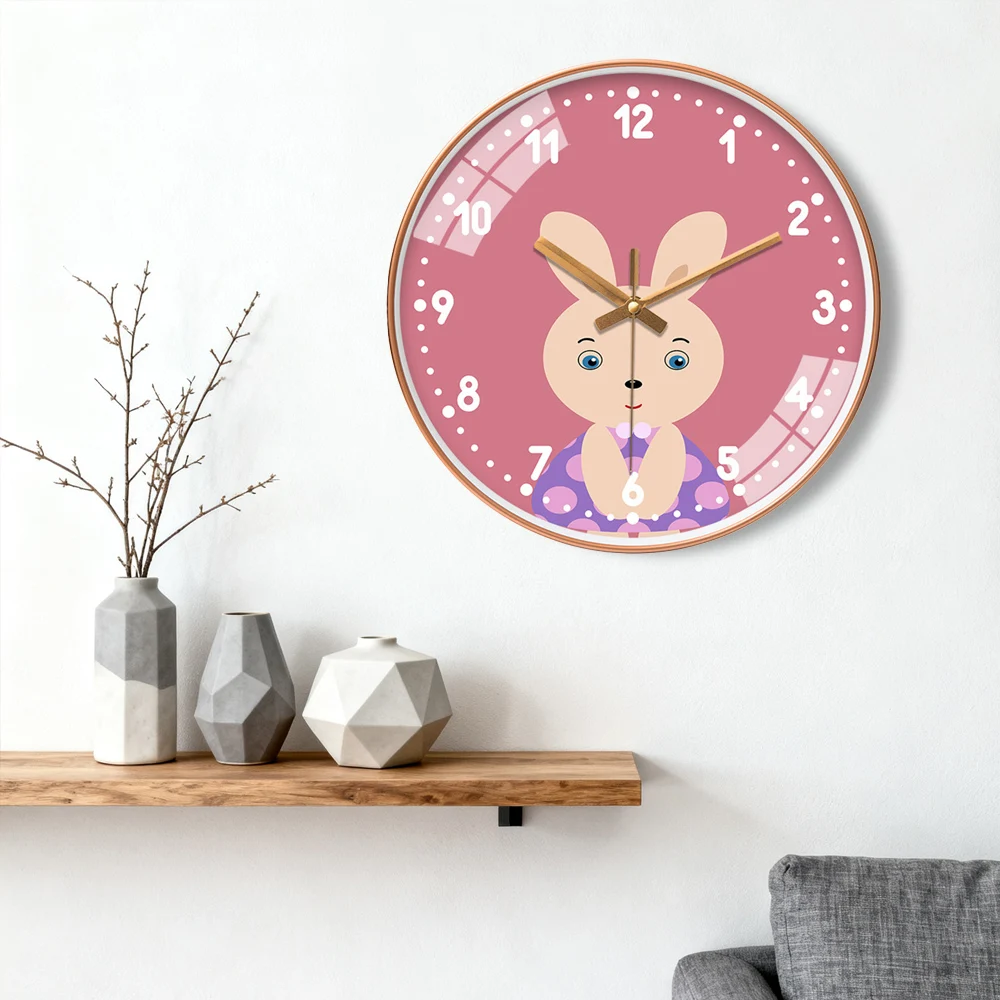 

Cute Cartoon Wall Clock Round Design Adorable Animal Print Quartz Movement Decor For Kid Bedroom Living Room Playroom Gift