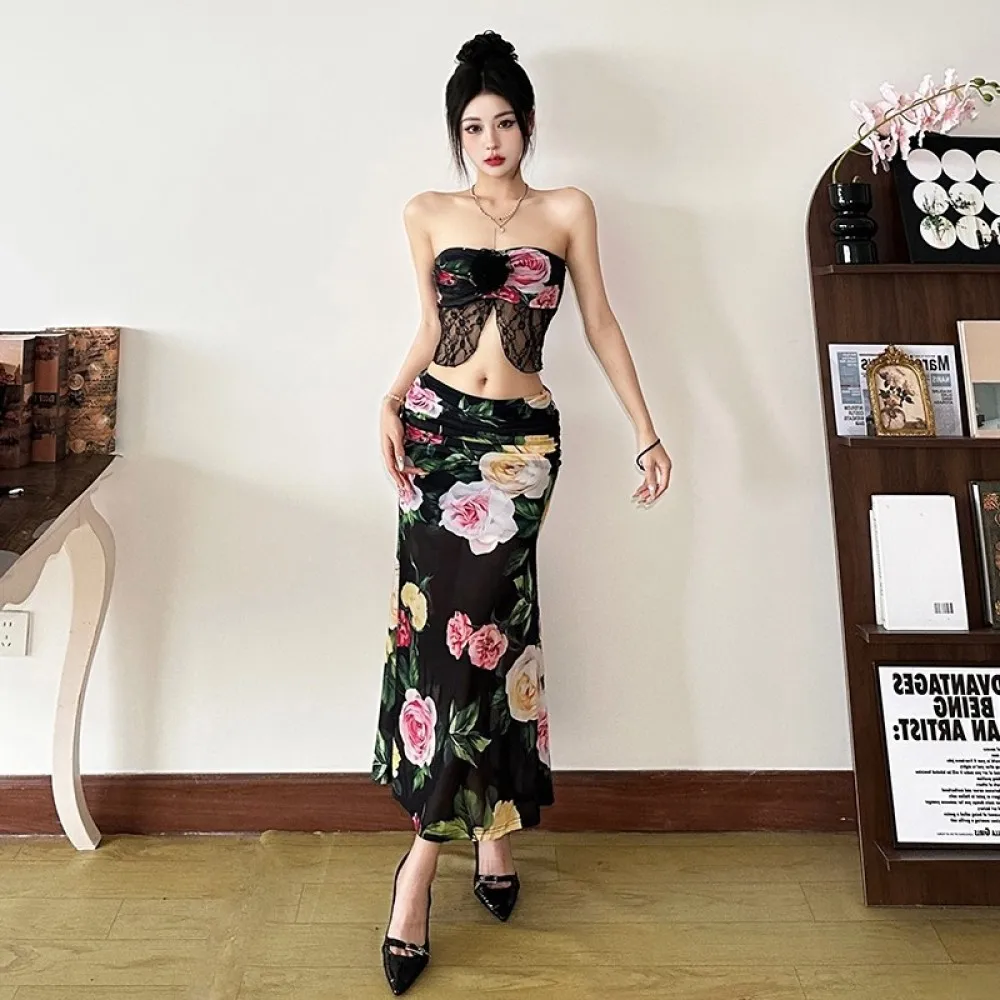 

SylCue комплект из 2 предметов с цветочным принтом, женские сетчатые лоскутные топы с открытой спиной + длинные юбки со рюшами, элегантные наряды в летнем праздничном стиле