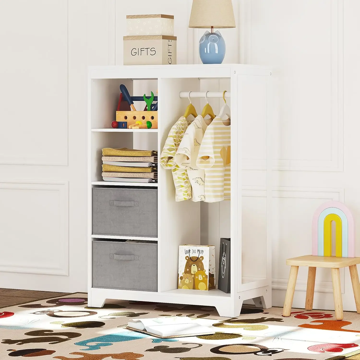 Rangement Kiev illage pour enfants avec miroir pleine longueur, armoire pour enfants avec 2 bacs de rangement, armoire de costume d'ouverture pour enfant