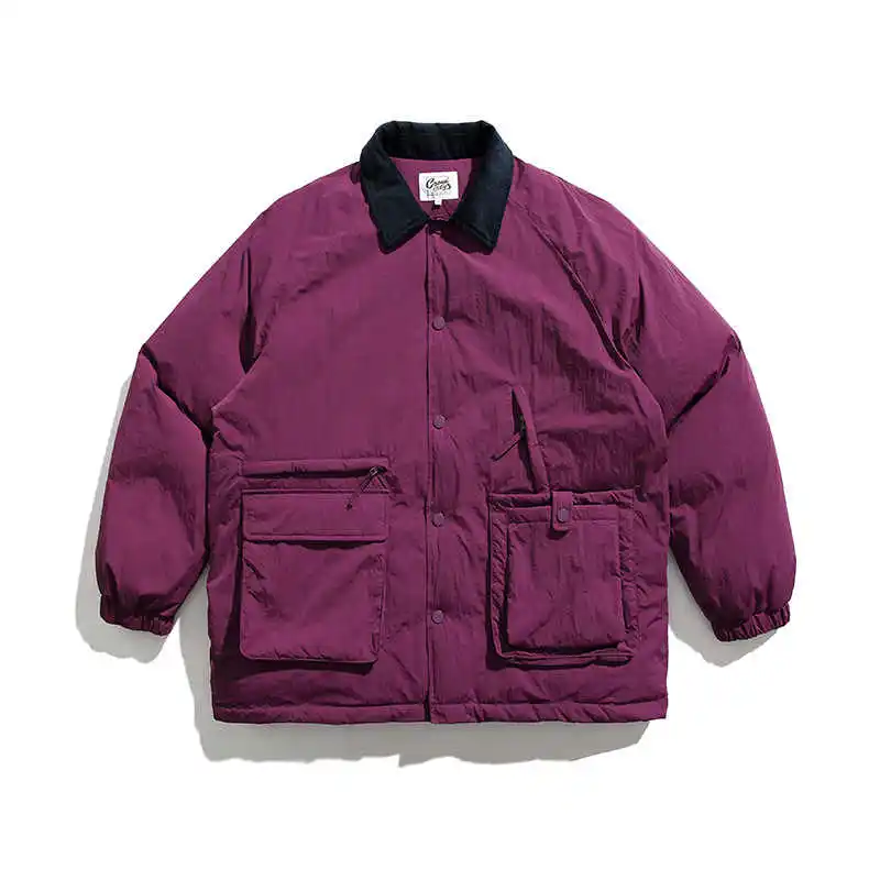 Japanese Retro Lapel Large Pocket Cotton Jacket Autumn and Winter Thick Men's and Women's Loose Corduroy Splicing Warm Parkas