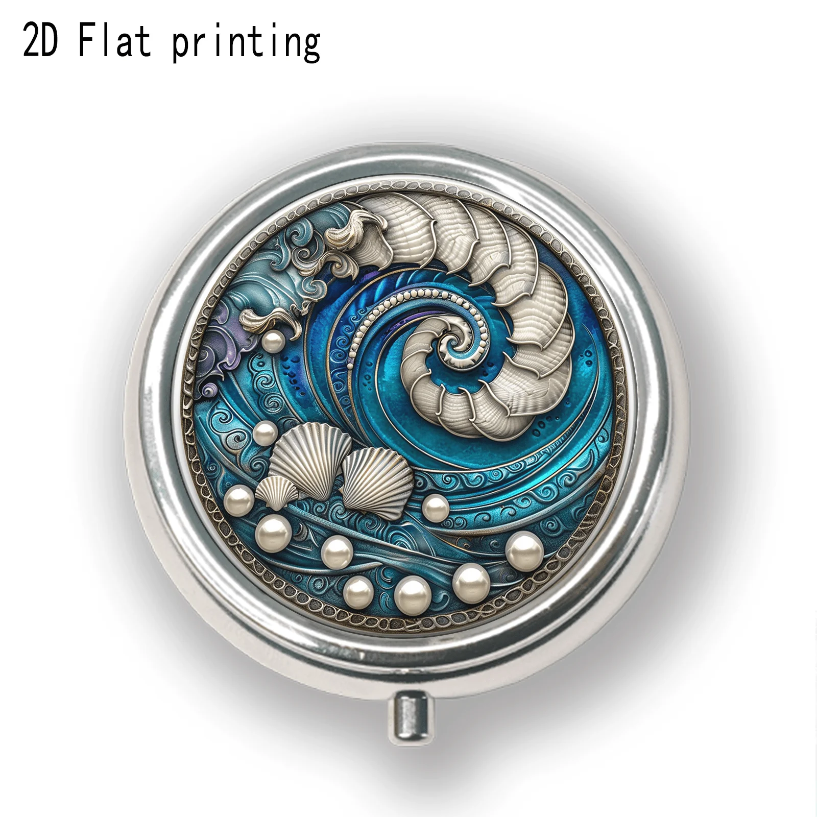 1Pc Round Pill Box with Blue Sea Conch Pearl Circular Relief, Ocean Vintage Ripple Shell Metal Round Plaque, Flat Printing, Pill Box, High Aesthetic Small Pill Box, Portable Metal Small Pill Box, Press-Type Jewelry Box, Mini Storage Box, Jewelry Storage, Three-Compartment Organizer, Suitable for Gifting to Girls, Gifting to Mom, Made of Durable Metal and Plastic