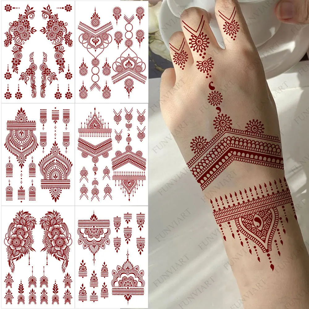 

Waterproof Henna Tattoo Stickers for Hand Flower Fake Tattoo for Women Maroon Henna Body Stickers Disposable Temporary Tattoos