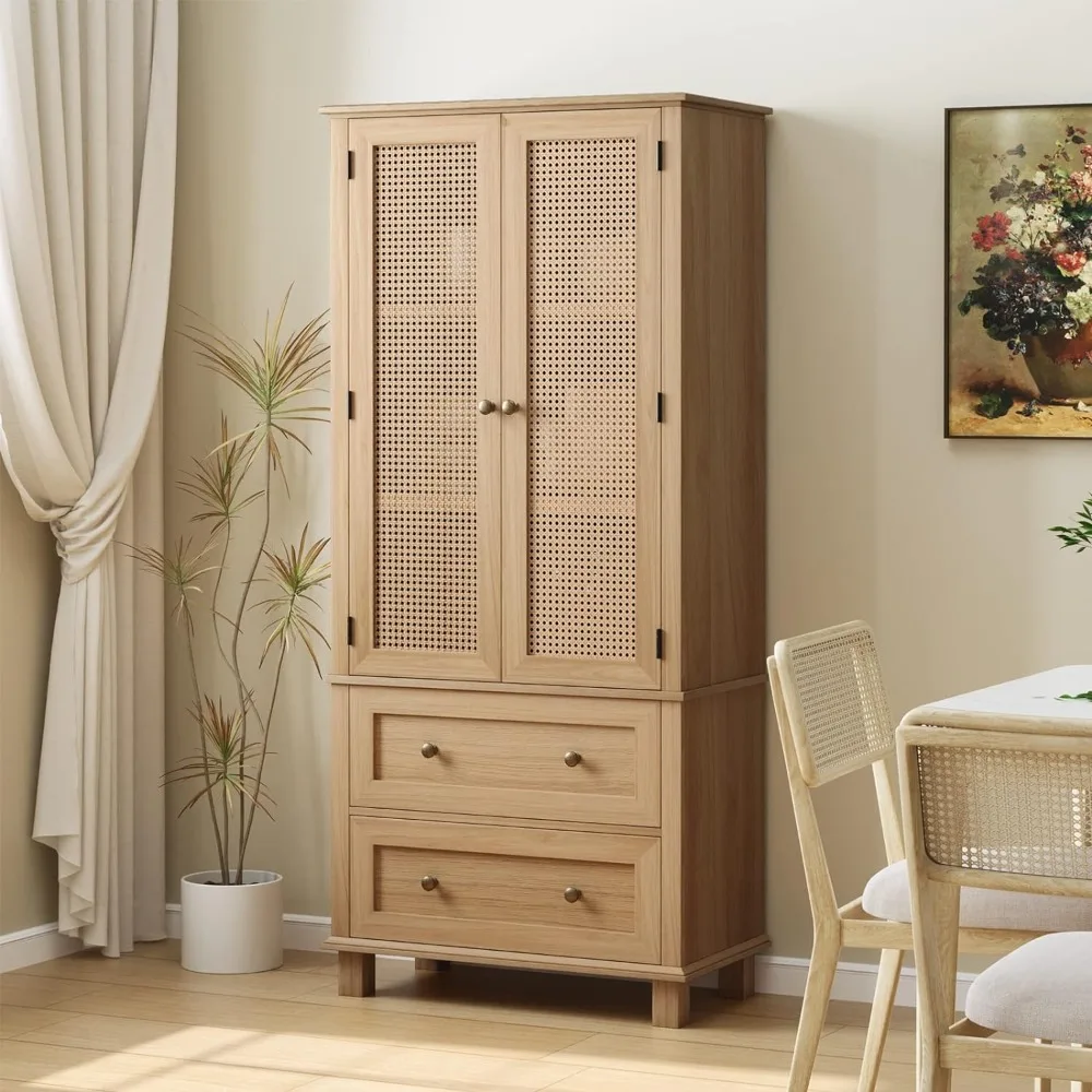 FOTOSOK Kitchen Pantry Storage Cabinet, Tall Cabinet with Rattan Doors and 2 Drawers, Freestanding Cupboard with Adjustable