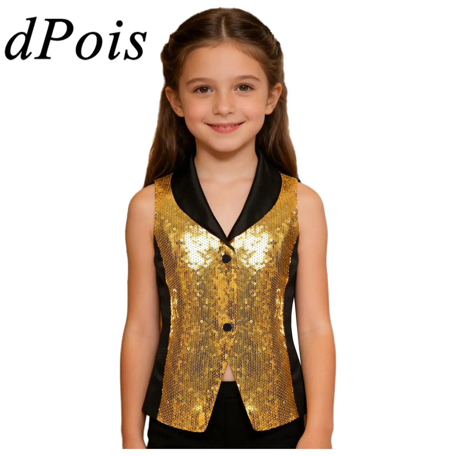 Kinder Mädchen Jazz Dance Performance Kostüm Pailletten Westen Weste Disco Outfit Revers Westen Streetwear Rave Karneval Weste