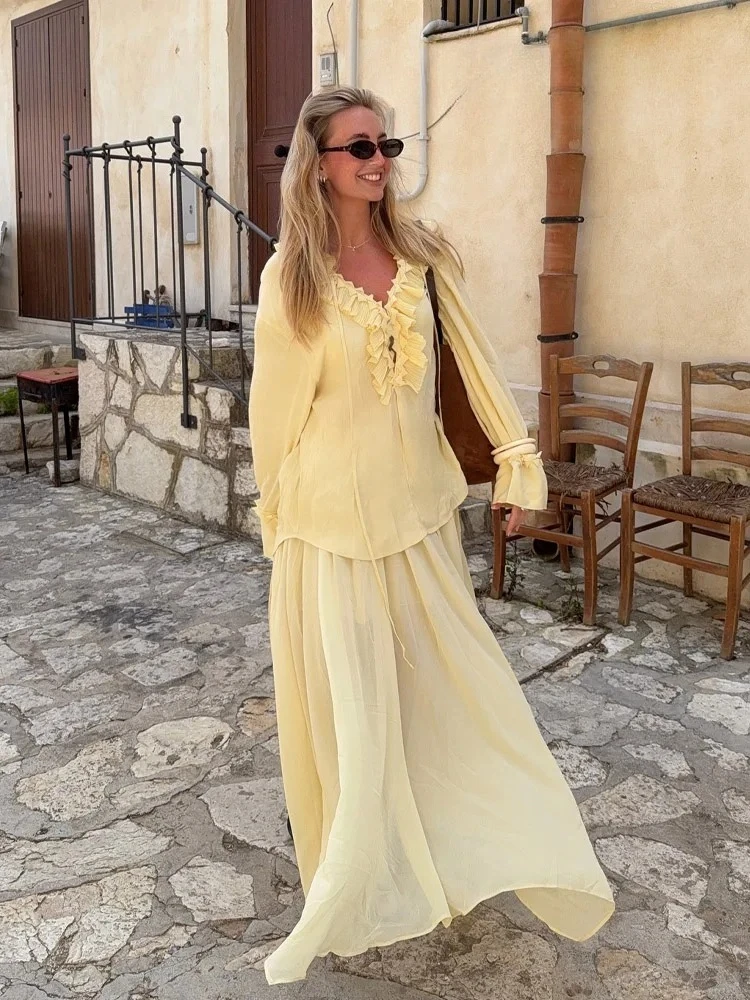 BWQ Vrouwen Elegante Rok Pak Effen Lange Mouwen Kant Los Shirt + Rits Geplooide Trekkoord Decoratie Casual Lange Rok set 2025