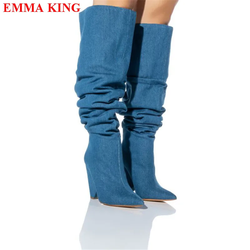 

Brand New Female Denim Thigh High Boots Fashion Slim Chunky Spike Heels Over The Knee Boots Women Designer Party Shoes Woman