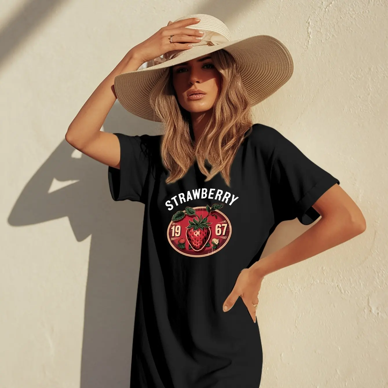 

Strawberry 1967 Women's Casual T-Shirt Dress Short Sleeve Summer Round Neck American Fashion Trendy Print Breathable Dress